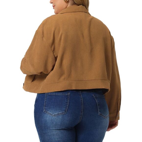Plus Size Lightweight Cropped Shacket Button Down Corduroy Shacket Jackets Brown - Picture 4 of 6